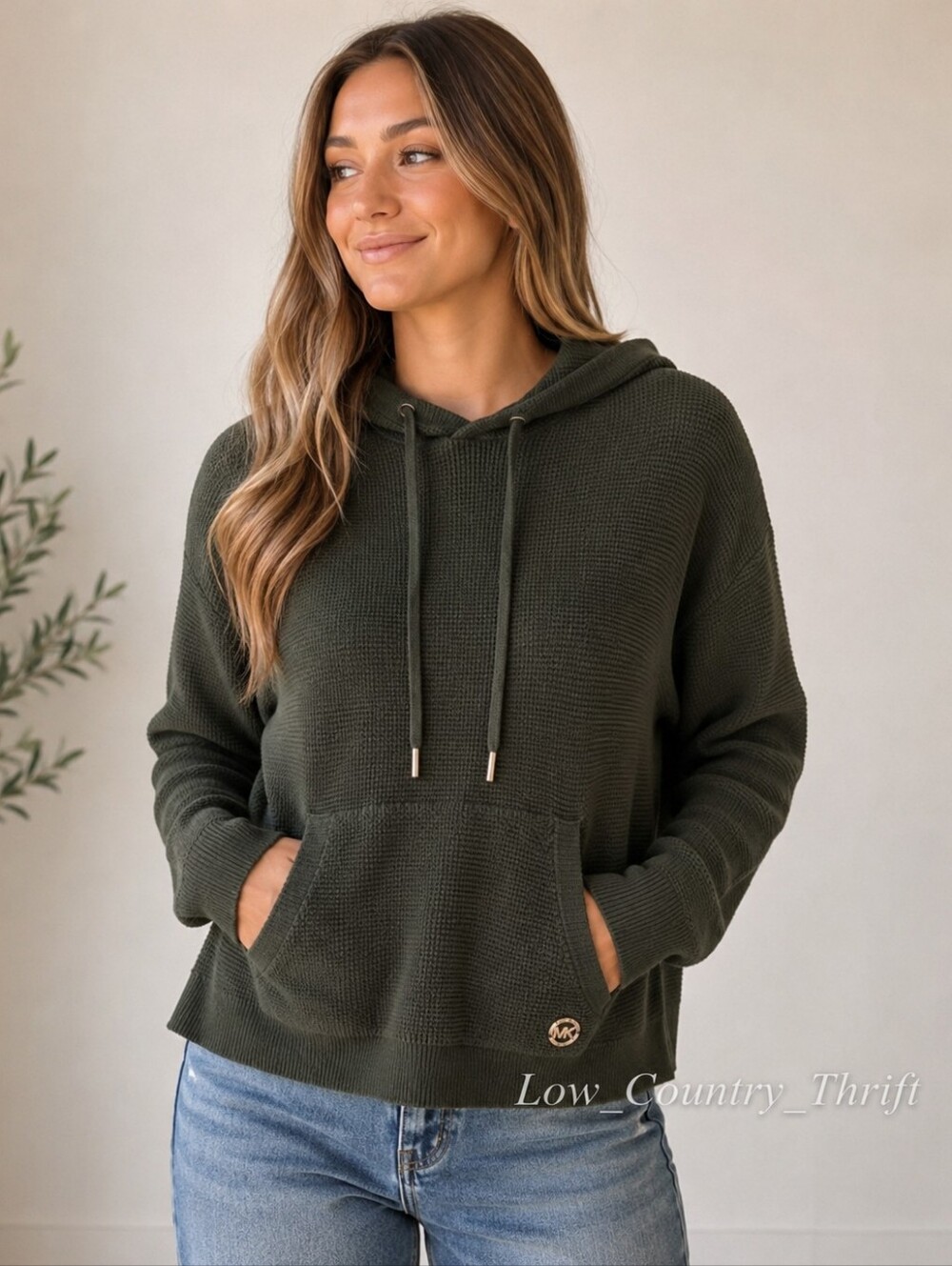 Michael Kors Waffle Knit Hoodie Army Green Pullover Medium Pocket Flaw